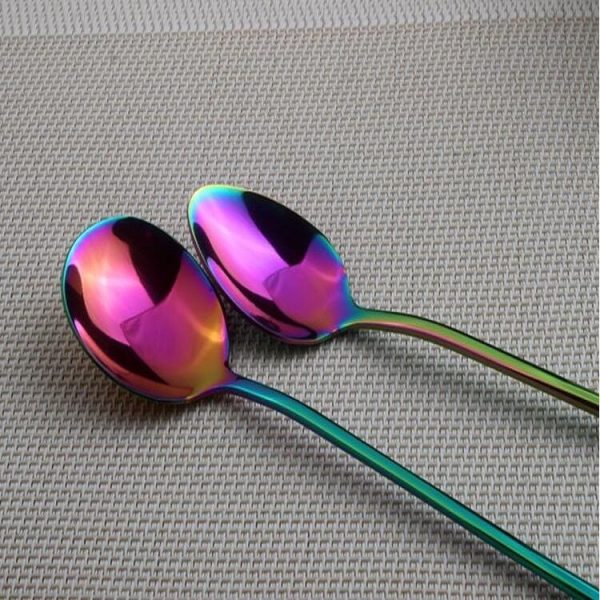 2 PCS Stainless Steel Rainbow Long Handled Coffee Scoops Cold Drink Stirring Spoon for Dessert Cake, Style: Round Spoon (Colorful) - Image 5