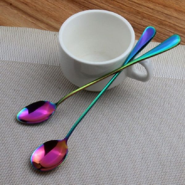 2 PCS Stainless Steel Rainbow Long Handled Coffee Scoops Cold Drink Stirring Spoon for Dessert Cake, Style: Round Spoon (Colorful) - Image 7