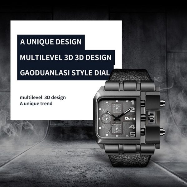Oulm 3364 Men Square Dial Leather Belt Quartz Watch (Black) - Image 4
