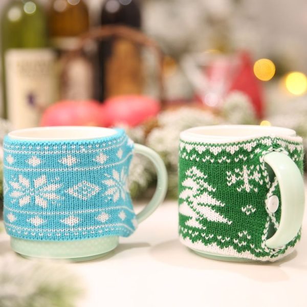Christmas Home Knit Woven Woolen Cup Set Decoration (Blue Snowflake) - Image 3