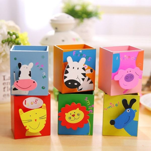 Wooden Cartoon Pen Holder Cute Animal Pen Box Students School Stationery Supplies, Random Color Delivery