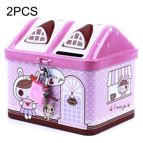 2 PCS Creative Cartoon Small Tin House Cute Piggy Bank Money Box (Blue)