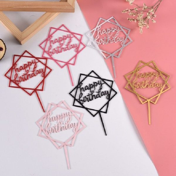 Acrylic Cake Decoration Card Birthday Table Party Dress Up Dessert Polygonal Plug-in Decoration (Pink) - Image 3