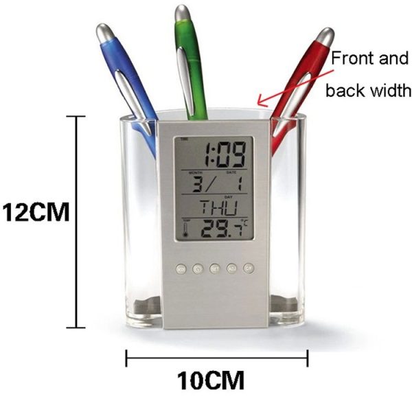 Transparent Desk Clock Pencil Holder Removable Desktop Table Digital Clock - Image 2