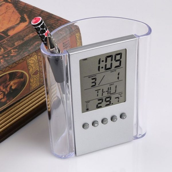 Transparent Desk Clock Pencil Holder Removable Desktop Table Digital Clock - Image 5