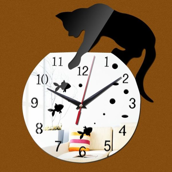 3D Acrylic Cat Mirror Wall Clock DIY Fashion Home Decoration (Silver Black)
