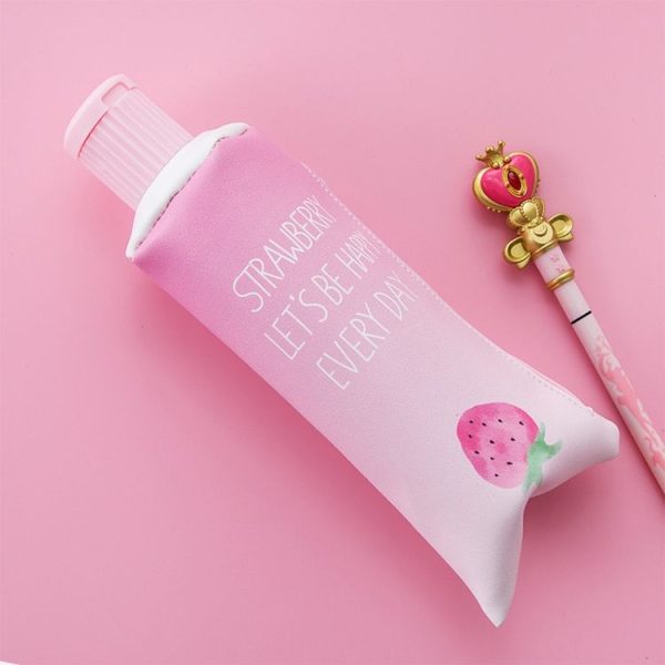 Strawberry Toothpaste PU Pencil Case with Pencil Sharpener Stationery Storage Bag School Office Supplies (One Strawberry)