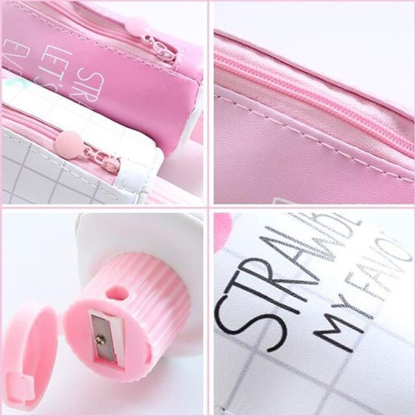 Strawberry Toothpaste PU Pencil Case with Pencil Sharpener Stationery Storage Bag School Office Supplies (One Strawberry) - Image 3