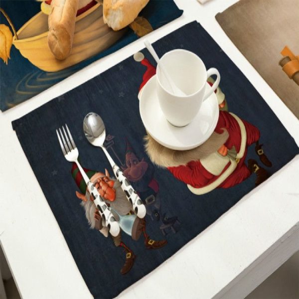 Printed Cotton Western Food Mat Creative Rectangle Tableware Mat (Scooter Santa Claus) - Image 3