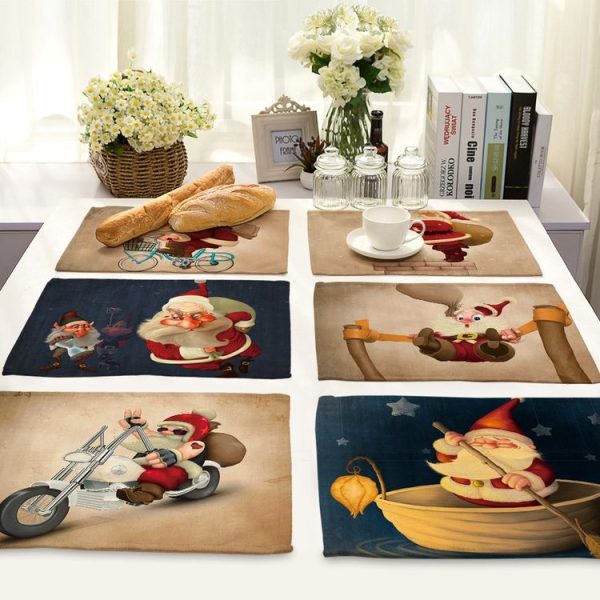 Printed Cotton Western Food Mat Creative Rectangle Tableware Mat (Scooter Santa Claus) - Image 5