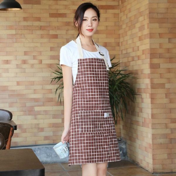 Kitchen Antifouling Simple Cotton Linen Checkered Apron (Brown) - Image 2