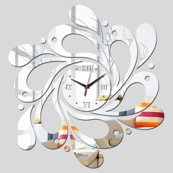 Home Crystal Acrylic Quartz Mirror Clock Jewelry Clock Petal Pattern Clock (Silver) - Image 2