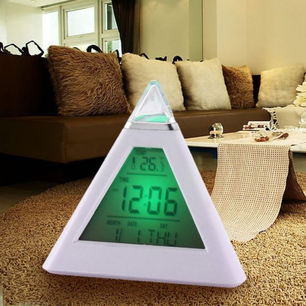 Color Changing Pyramid Digital LCD Alarm Clock Thermometer Temperature Date Display Electronic Table Desktop Clocks
