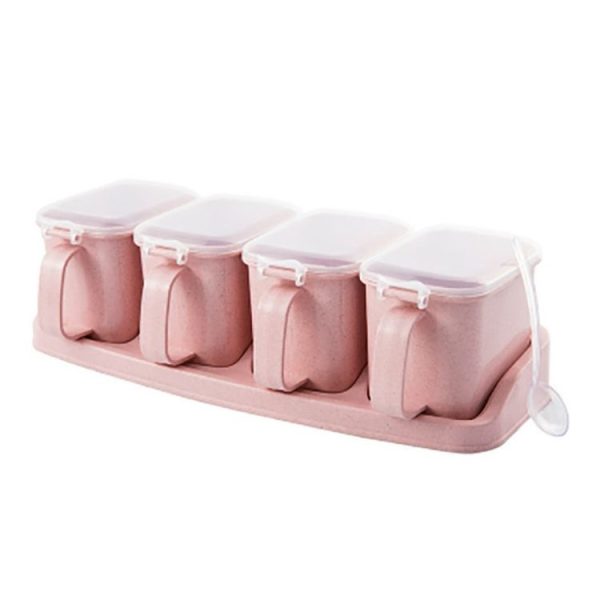 Wheat Straw Seasoning Box Pepper Spice Shaker Salt Seasoning Transparent PP Kitchen Cruet Condiment Bottle Jars Storage Box, Color: Four grid pink
