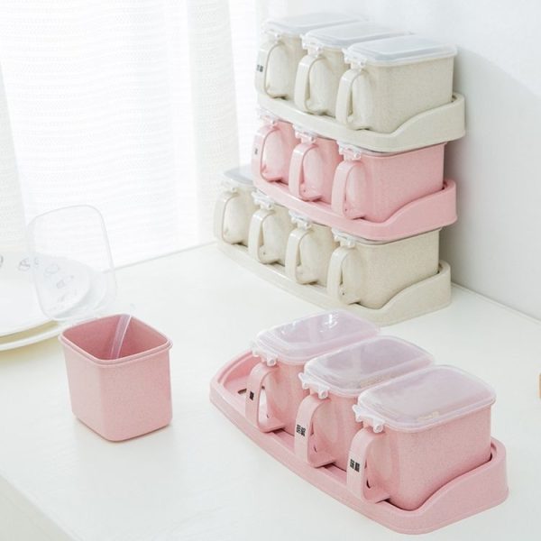 Wheat Straw Seasoning Box Pepper Spice Shaker Salt Seasoning Transparent PP Kitchen Cruet Condiment Bottle Jars Storage Box, Color: Four grid pink - Image 3
