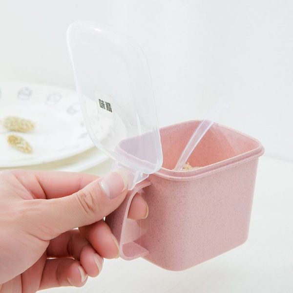 Wheat Straw Seasoning Box Pepper Spice Shaker Salt Seasoning Transparent PP Kitchen Cruet Condiment Bottle Jars Storage Box, Color: Four grid pink - Image 4