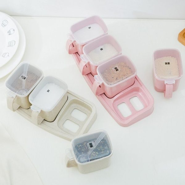 Wheat Straw Seasoning Box Pepper Spice Shaker Salt Seasoning Transparent PP Kitchen Cruet Condiment Bottle Jars Storage Box, Color: Four grid pink - Image 5
