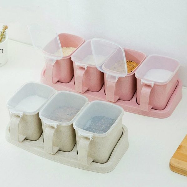 Wheat Straw Seasoning Box Pepper Spice Shaker Salt Seasoning Transparent PP Kitchen Cruet Condiment Bottle Jars Storage Box, Color: Four grid pink - Image 6