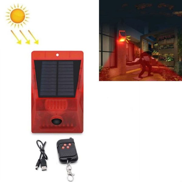 129dB Solar Alarm Light Human Body Induction Remote Control Alarm Farm Anti-theft Drive Object Sound and Light Alarm Light, Style: N911C English