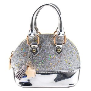 Cute Leather Shoulder Bag Messenger Bag Girls Solid Color Mini Zip Small Square Bag Tote Bag (Silver)