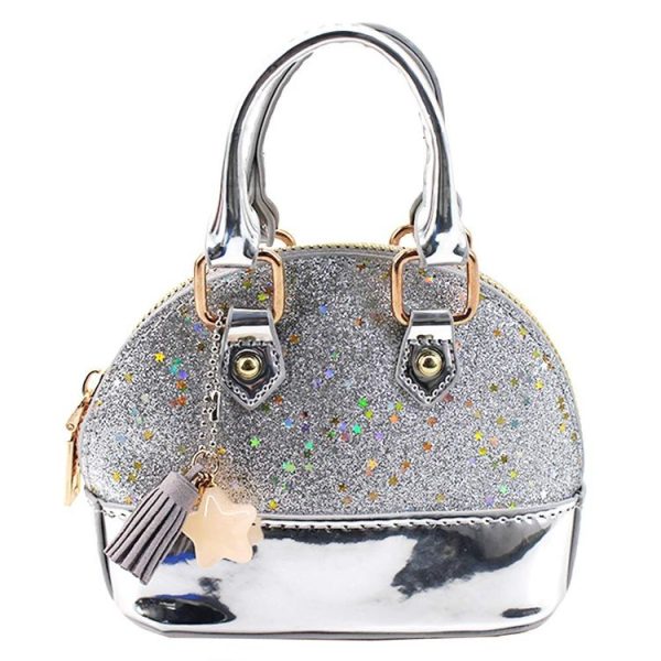 Cute Leather Shoulder Bag Messenger Bag Girls Solid Color Mini Zip Small Square Bag Tote Bag (Silver)