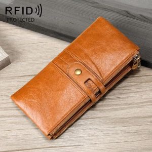 Ladies Genuine Leather Long Wallet Anti-theft Card Bag Multifunctional Clutch Bag (Brown)