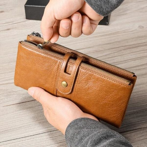 Ladies Genuine Leather Long Wallet Anti-theft Card Bag Multifunctional Clutch Bag (Brown) - Image 3