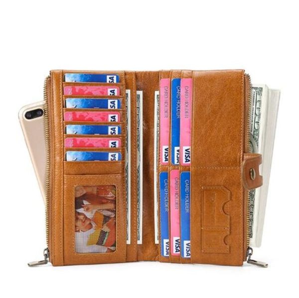 Ladies Genuine Leather Long Wallet Anti-theft Card Bag Multifunctional Clutch Bag (Brown) - Image 5