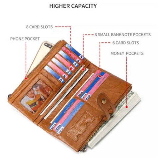 Ladies Genuine Leather Long Wallet Anti-theft Card Bag Multifunctional Clutch Bag (Brown) - Image 6