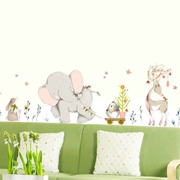 Cartoon Elephant Pull Cart Bedroom Living Room Removable Home Wall Sticker - Image 3