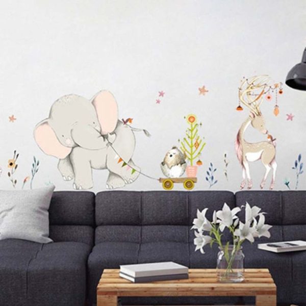Cartoon Elephant Pull Cart Bedroom Living Room Removable Home Wall Sticker - Image 5