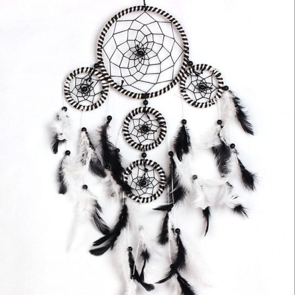 Creative Weaving Crafts Black and White Satin Line 5 Ring Hollow Wind Chime Dream Catcher Wall Hanging Jewelry