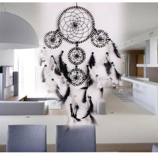 Creative Weaving Crafts Black and White Satin Line 5 Ring Hollow Wind Chime Dream Catcher Wall Hanging Jewelry - Image 2