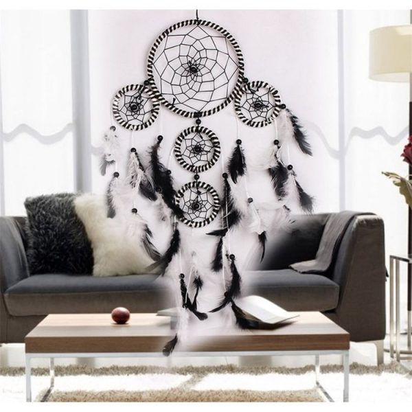 Creative Weaving Crafts Black and White Satin Line 5 Ring Hollow Wind Chime Dream Catcher Wall Hanging Jewelry - Image 4