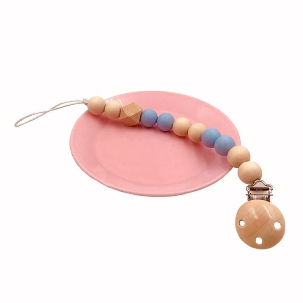 Baby Pacifier Clip Chain Wooden Holder Soother Pacifier Clips Leash Strap Nipple Holder for Infant Feeding (Light blue)