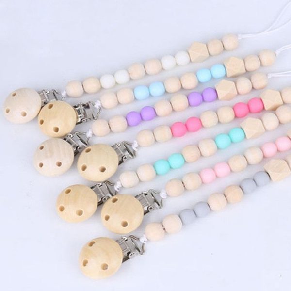 Baby Pacifier Clip Chain Wooden Holder Soother Pacifier Clips Leash Strap Nipple Holder for Infant Feeding (Light blue) - Image 2