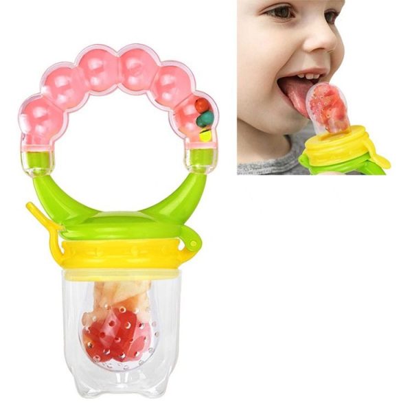 Baby Nipple Fresh Food Fruit Milk Feeding Bottles Learn Feeding Drinking Handle Teething Pacifier with Bell, Size: S (Pink)