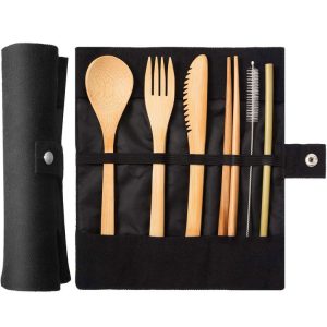 Travel Creative Bamboo Straw Dinnerware Knives Fork Spoon Chopsticks Set with Cloth Bag (Black)