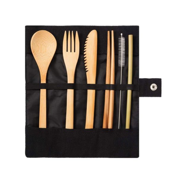 Travel Creative Bamboo Straw Dinnerware Knives Fork Spoon Chopsticks Set with Cloth Bag (Black) - Image 2