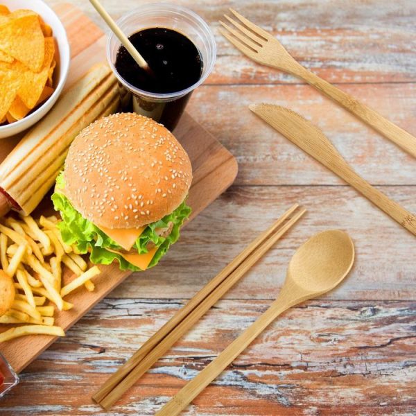 Travel Creative Bamboo Straw Dinnerware Knives Fork Spoon Chopsticks Set with Cloth Bag (Black) - Image 5