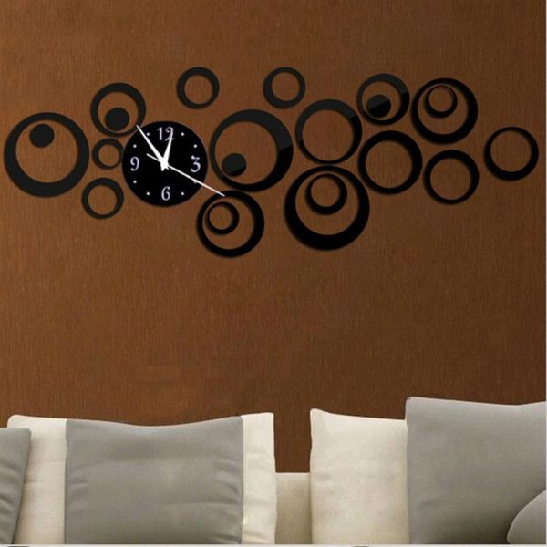 Wall Clock 3D Three-dimensional Acrylic Fashion Mirror Wall Stickers Clock DIY Circle Combination Decorative Clock (Black) - Image 2
