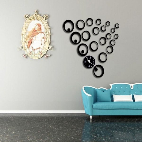 Wall Clock 3D Three-dimensional Acrylic Fashion Mirror Wall Stickers Clock DIY Circle Combination Decorative Clock (Black) - Image 5