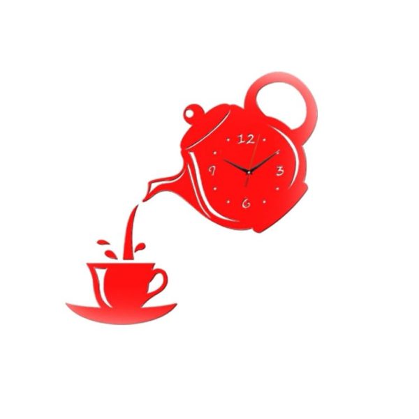 Creative DIY Acrylic Coffee Cup Teapot 3D Wall Clock Decorative Kitchen Wall Clocks Living Room Dining Room Home Decor Clock (Red) - Image 2