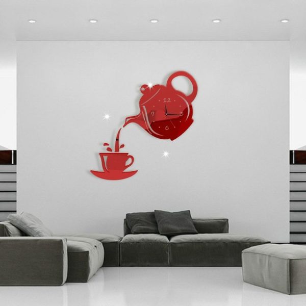 Creative DIY Acrylic Coffee Cup Teapot 3D Wall Clock Decorative Kitchen Wall Clocks Living Room Dining Room Home Decor Clock (Red) - Image 3