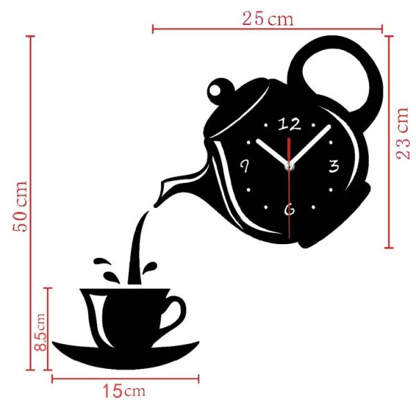 Creative DIY Acrylic Coffee Cup Teapot 3D Wall Clock Decorative Kitchen Wall Clocks Living Room Dining Room Home Decor Clock (Red) - Image 4