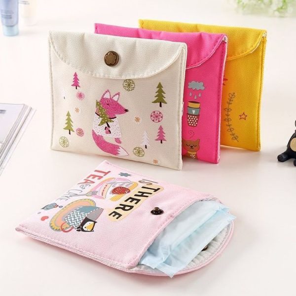 Animals Pattern Buckle Girls Diaper Sanitary Napkin Storage Canvas Bag Sanitary Pads Package Bag (Rose Red) - Image 5