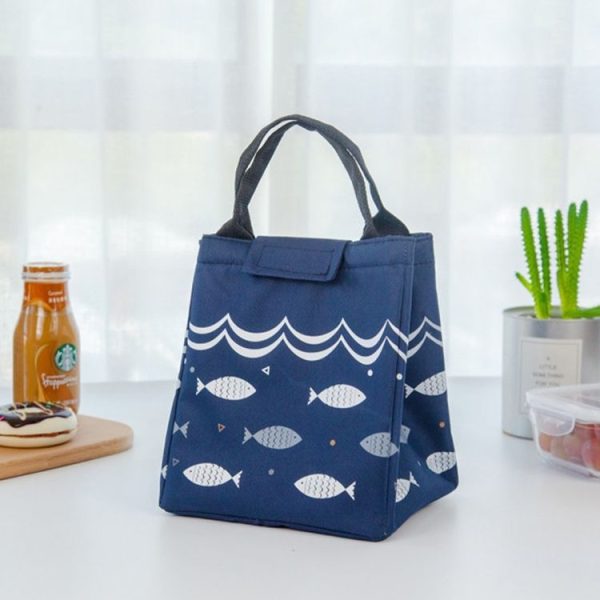 Portable Lunch Bag Oxford Cloth Fish Pattern Large Capacity Container Thermal Insulated Cooler (Navy Blue)