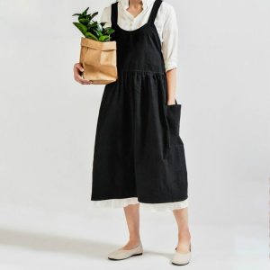 High Waist Cotton Linen Solid Color Apron (Black)