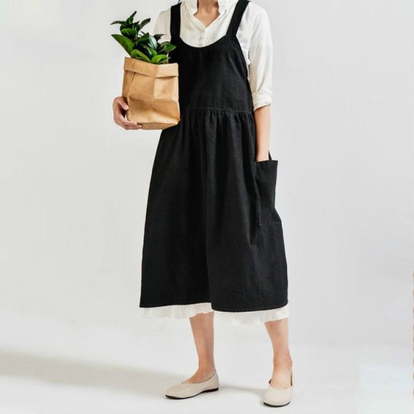 High Waist Cotton Linen Solid Color Apron (Black)
