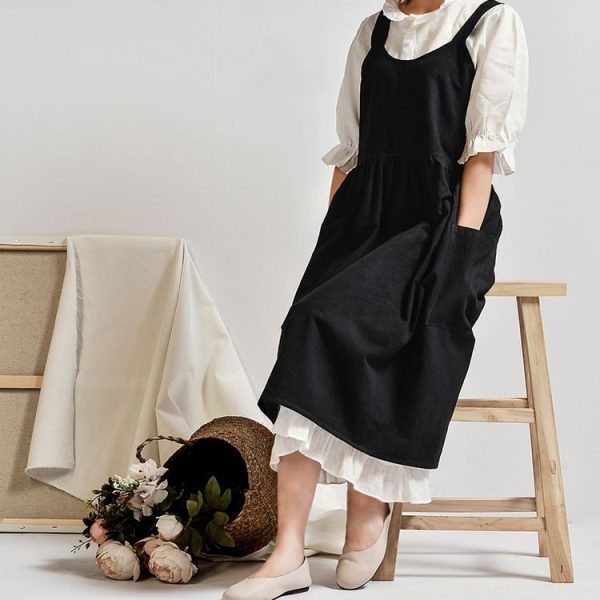 High Waist Cotton Linen Solid Color Apron (Black) - Image 3